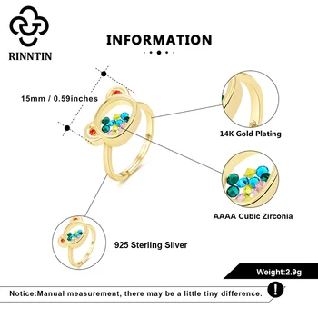 Rinntin 925 Sterling Silver Ring Medveď Dizajn s Hnuteľným Pozastavenie CZs vo vnútri Skla 14K Zlata Plátovaného Farby Pre Ženy TEQR12