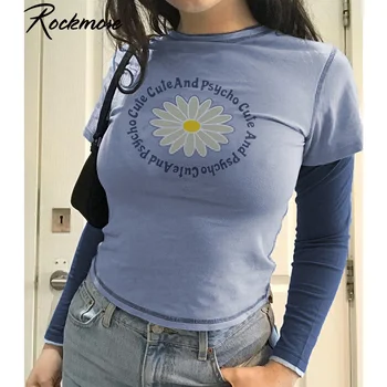 Rockmore Faux Dva Kusy Tee Modrá Kvetinový Vytlačené T Shirt Ženy Sladké Pulóvre Y2K Roztomilý Základné Patchwork Dlhý Rukáv Top Harajuku