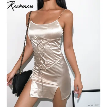 Rockmore Sexy Krížové Popruhy Bodycon Mini Šaty Elegantné Ženy Split Šaty Streetwear Bez Rukávov Sundress Strana Večer Klub 2021