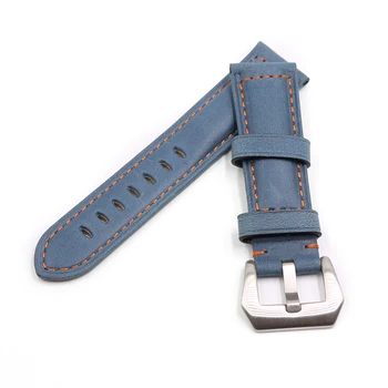 Rolamy 22 24 mm Sledovať Kapela Popruh S Striebro Kartáčovaný Pracky Modrá Reálnom Kožené Ručné Výmena Hrubé Vintage Zápästie Watchband