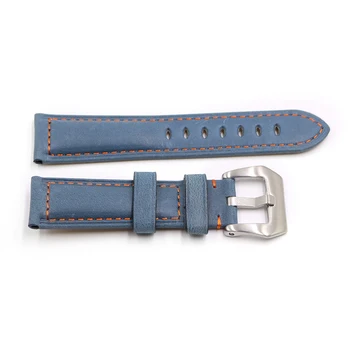 Rolamy 22 24 mm Sledovať Kapela Popruh S Striebro Kartáčovaný Pracky Modrá Reálnom Kožené Ručné Výmena Hrubé Vintage Zápästie Watchband