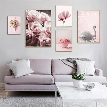 Romantické Ruže, Magnólie Klinček Swan Wall Art Plátno Na Maľovanie Nordic Plagáty A Potlačou Obrazov Na Stenu Pre Obývacia Izba Dekor