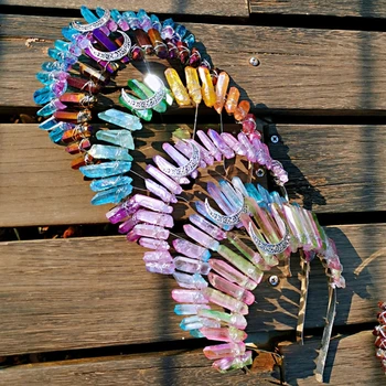 Romantický Farebné Šperky Tiara Koruny Rainbow Surové Kremeň Hlavový Most Etnických Starožitné Polmesiacom Kovové Vlasy Hoop