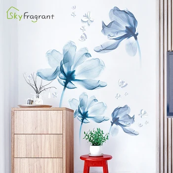 Romantický modré kvety stenu, nálepky, obývacia izba, spálňa decor domov pozadí steny dekor samolepiace nálepky miestnosti dekorácie