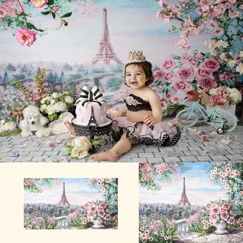 Romantický Paríž-Novorodenca Výšku Pozadia Ručné Maľovanie Eiffelova Veža Pozadí Dievčatá Narodeninovú Tortu Rozbiť Photo Studio Prop