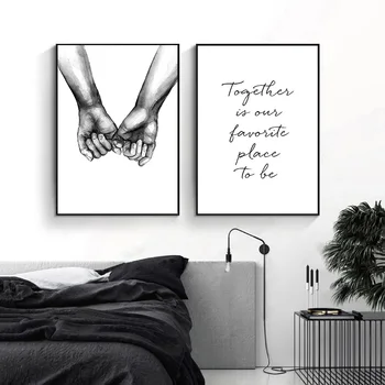 Romantický ruka v Ruke Plátno Lakovanie Čiernych Bielu Stenu, Umenie Plagátu Tlač Nordic Módne Obrázok Páry, Milenci Miestnosti Dekorácie