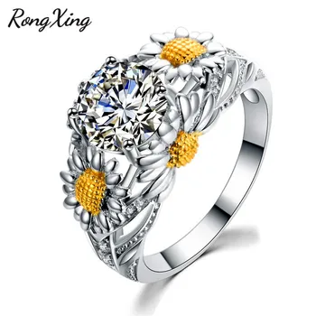 RongXing Elegantné Kolo Biela/Žltá Birthstone Slnečnice Prstene Pre Ženy, Strieborná Farba AAA Zirkón Šperky Darček ZR0032