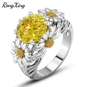 RongXing Elegantné Kolo Biela/Žltá Birthstone Slnečnice Prstene Pre Ženy, Strieborná Farba AAA Zirkón Šperky Darček ZR0032