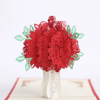 Rose 3D Valentine Karty Pop-Up Pozdrav Kytice Červený Kvet Romantické Milovníkov valentín Svadba