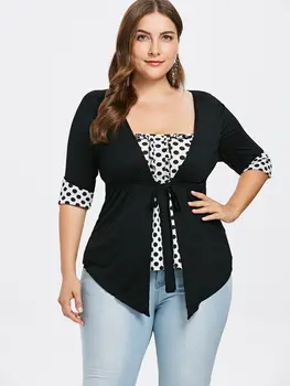 ROSEGAL Plus Veľkosť Polka Dot Tlače Faux Twinset T-Shirt Ženy Veľké Veľkosti, Farby Blok T Shirt Dámy Topy, Tuniky Tees Jeseň roku 2019
