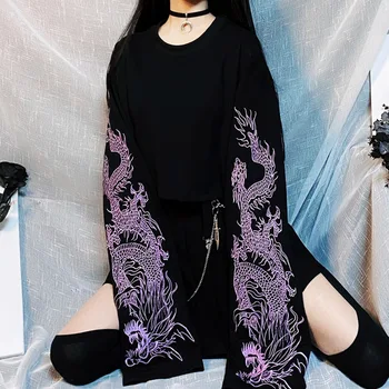 Rosetic Fialová Dragon Výšivky T-Shirt Ženy Dlhý Rukáv Gotický Tričko 2020 Jeseň Čierne Tričká Krátky Školy Streetwear Top