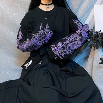 Rosetic Fialová Dragon Výšivky T-Shirt Ženy Dlhý Rukáv Gotický Tričko 2020 Jeseň Čierne Tričká Krátky Školy Streetwear Top