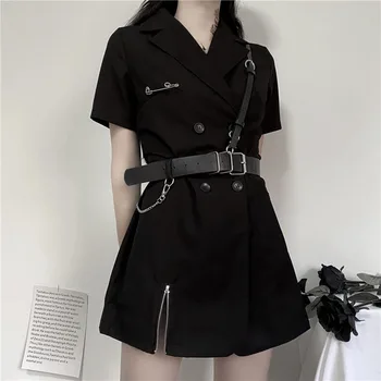 Rosetic Gotický Sako Šaty Žien Čierne Sexy Mini Šaty 2020 Vysoký Pás Harajuku Goth Girl Zips Punk S PU Kožený Opasok