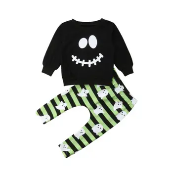 Roztomilé Dieťa Chlapcov Bavlna Batoľa Halloween Oblečenie s Dlhým Rukávom Čierne tričko+Pruhované Nohavice 2KS Sada