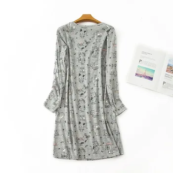 Roztomilé mačka tlače sivá nightgown pre ženy veľký veľkosť roztomilý domov nosiť oblečenie s dlhým rukávom jeseň sleepwear