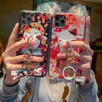 Roztomilý 3D Emboss Šťastie Mačka telefón puzdro pre iPhone X XS XR 11 Pro Max Krúžok držiteľ Nastaviť Dámy Soft Kryt pre 6 7 8Plus Šťastie taška Capa