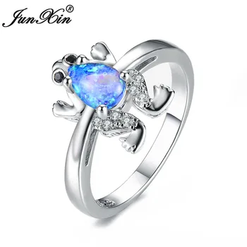 Roztomilý Dievča, Žena Blue White Fire Opal Krúžok Strieborná Farba Zásnubné Prstene Pre Ženy Boho Žaba Zvierat Snubné Prstene