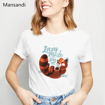 Roztomilý Červený Panda Lenivý Režim NA animal print t shirt ženy oblečenie 2019 biela móde vtipné tričko femme letné topy žena t-shirt