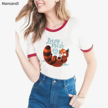 Roztomilý Červený Panda Lenivý Režim NA animal print t shirt ženy oblečenie 2019 biela móde vtipné tričko femme letné topy žena t-shirt