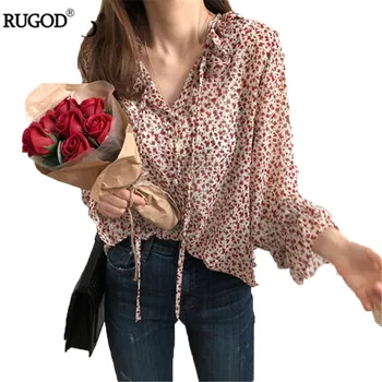 RUGOD nový vintage kvetinový blúzka ženy móda krajky-up v krku svetlice rukáv šifón blúzka bežné 2020 jar leto tričko topy