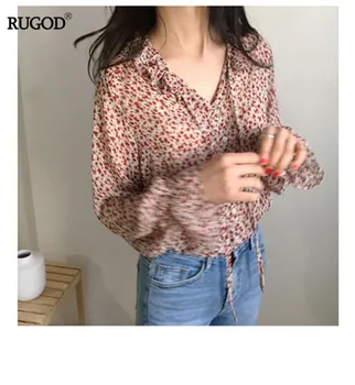 RUGOD nový vintage kvetinový blúzka ženy móda krajky-up v krku svetlice rukáv šifón blúzka bežné 2020 jar leto tričko topy