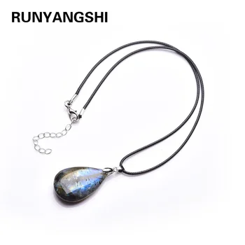 Runyangshi 1pc Prírodný krištáľ kameň labrador živcov Kvapky tvar prívesok Moonlight kameň kožené lano náhrdelník ornament