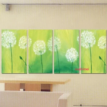 Ručné 4 Panel Púpava Nástenné Maľby Modernej Zelenej Krajine Domova Obraz Namaľovaný Na Plátne Skupina Obrázok Umenie
