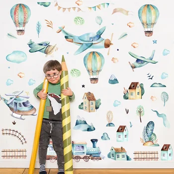 Ručné Farba Akvarel Cartoon Lietadlo, Vlak Samolepky na Stenu teplovzdušný Balón Samolepky pre Deti Detská Izba Dekorácie Stenu