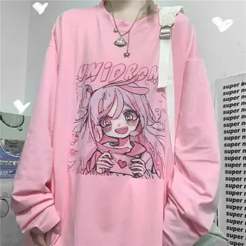 Ružová Dlhý Rukáv Tričko Streetwear Nadrozmerné Cartoon T Shirt Funny Girl Harajuku Japonsko Amín Topy Bežné Gotický Tričko Žena
