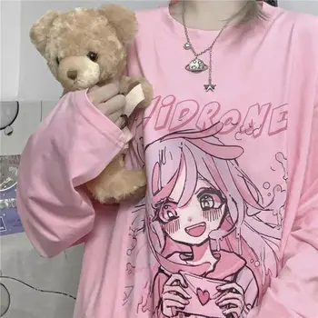 Ružová Dlhý Rukáv Tričko Streetwear Nadrozmerné Cartoon T Shirt Funny Girl Harajuku Japonsko Amín Topy Bežné Gotický Tričko Žena