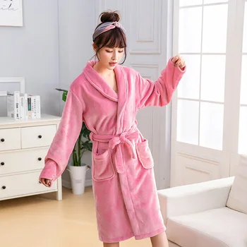 Ružová Kimono Župan Šaty Pre Ženy Flanelové Bežné Župan Coral Fleece Sleepwear Odev Oblečenie Pre Voľný Čas V Zime Teplé Nightgown