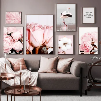 Ružová Pivónia Kvet Bud Bavlna Flamingo Pierko Umelecké Plátno Na Maľovanie Nordic Plagáty A Vytlačí Na Stenu Obrázok Pre Obývacia Izba Dekor