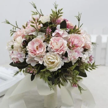 Ružová Slonoviny Rose Bridesmaid, Svadobné Hodvábu kvetov Ruže Svadobné kytice Páse s nástrojmi Falošné Svadobné kytice de noiva