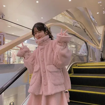 Ružová Umelú Kožušinu Kabát Ženy Elegantné Zimné Teplé Sladké, Teplé Trend Coats Žena Japonský Štýl Kawaii Kórejský Kabát Ženy 2021 Nové