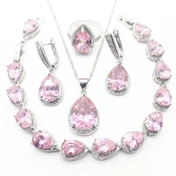 Ružová Vytvorené Zirkón Bielej Crystal 925 Sterling Silver Šperky Sady Pre Svadobné Otvoriť Krúžky/Náušnice/Prívesok/Náhrdelník/Náramok