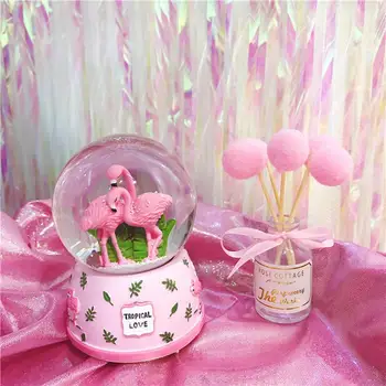 Ružové Plameniaky 3D Sneh Crystal Ball Music Box Sklo Lesk 3 X 5 Palca Najlepší Darček Pre Priateľku, Baby, Dievčatá Domova