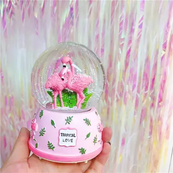 Ružové Plameniaky 3D Sneh Crystal Ball Music Box Sklo Lesk 3 X 5 Palca Najlepší Darček Pre Priateľku, Baby, Dievčatá Domova
