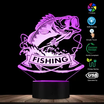 Rybolov Basy Ryby 3D LED Nočné Svetlo Ryby S Rybársky Prút Klub Ospalý Lampa Rybár Spálňa Dekoratívne Osvetlenie stolná Lampa