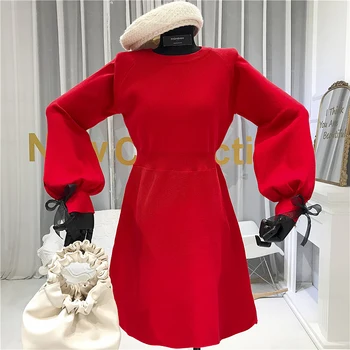 Rúchu Femme Nouveautes 2020 Princezná Štýl Červenom Pletené Šaty s Svietidla Rukáv Koleno-Dĺžka Čela krásne šaty