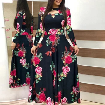 S-5XL Kvetinový Tlač Elegantné Dlhé Šaty Ženy Plus Veľkosť Riadku Vintage Šaty, Dubaj Vestido Sladké Kvetinové Maxi Šaty na Jeseň 2020