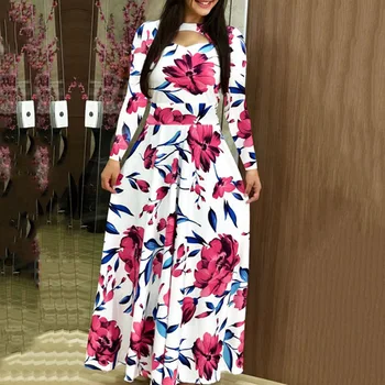 S-5XL Kvetinový Tlač Elegantné Dlhé Šaty Ženy Plus Veľkosť Riadku Vintage Šaty, Dubaj Vestido Sladké Kvetinové Maxi Šaty na Jeseň 2020