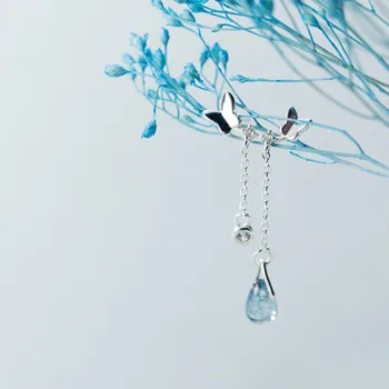 S925 Sterling Silver Farba Kórejský Módne Sladké Motýľ Blue Drop Crystal Stud Náušnice Šperky Pre Ženy Dcéra Mária Darček
