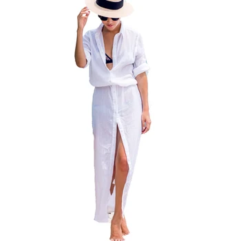 Saida De Praia 2021 Šifón plavky zakryť Tlačidlo Long Beach Coverups Ženy Maxi Plážové Šaty Cover-ups Voľné Plaviek