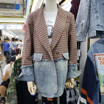 Sako S Dlhým Rukávom Nové Jediného Tlačidla Veľké Veľkosti Denim Jacket Kórejský Módne Spojov Koberčeky Trend Ženy Coats 2020 Jeseň