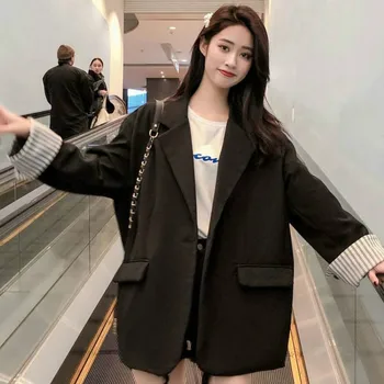 Sako Ženy Vrecku Dlhým rukávom Single-button Jednoduchý kórejský štýl, Plus veľkosti-3XL Voľné Outwear Office Dámy H-tvarované Móda