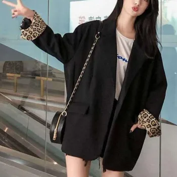 Sako Ženy Vrecku Dlhým rukávom Single-button Jednoduchý kórejský štýl, Plus veľkosti-3XL Voľné Outwear Office Dámy H-tvarované Móda