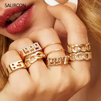 Salircon 9pcs/veľa Rok Počet Prst Krúžky, Sada Pre Ženy Retro Geomtric Drahokamu Krúžok Zlatá Farba Duté Vyhlásenie Šperky Darček
