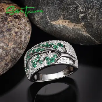 SANTUZZA Strieborné Šperky Set pre Ženy, Zelená Pobočky Čerešňa Náušnice, Prsteň 925 Sterling Silver Jemné Módne Šperky