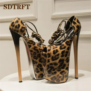 SDTRFT Čerpadlá Platformu Dámy Sandále žena, 22 cm Tenké vysoké podpätky zapatos mujer Stiletto Crossdresser Krajky-Up Leopard Tlač topánky