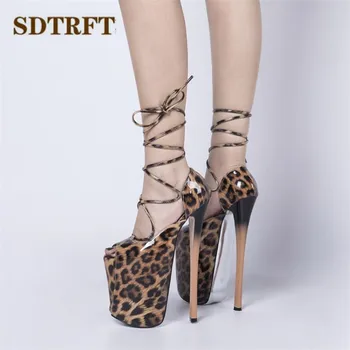 SDTRFT Čerpadlá Platformu Dámy Sandále žena, 22 cm Tenké vysoké podpätky zapatos mujer Stiletto Crossdresser Krajky-Up Leopard Tlač topánky